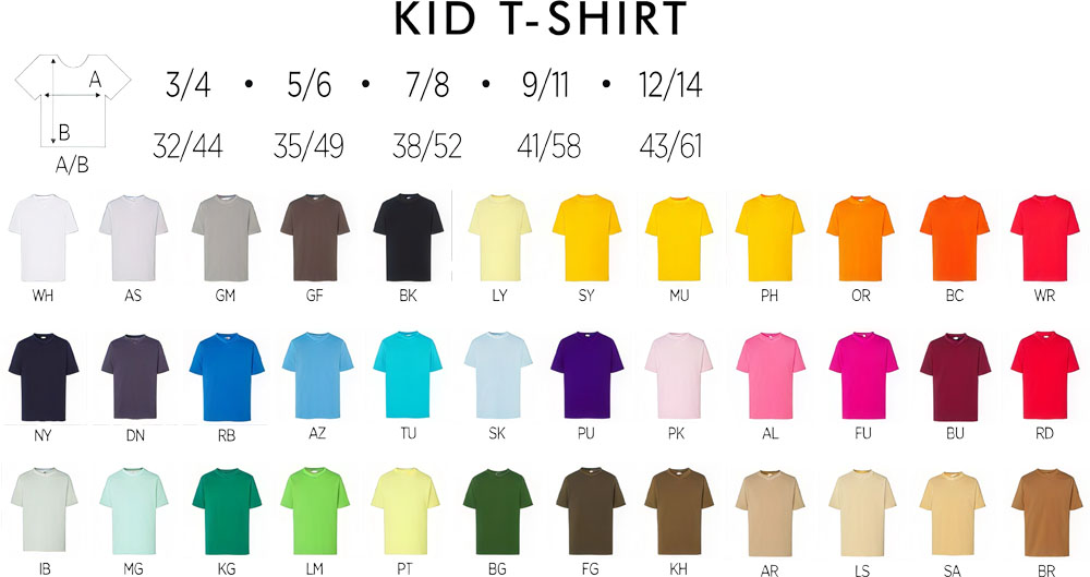 Цвета и размеры детских футболок JHK