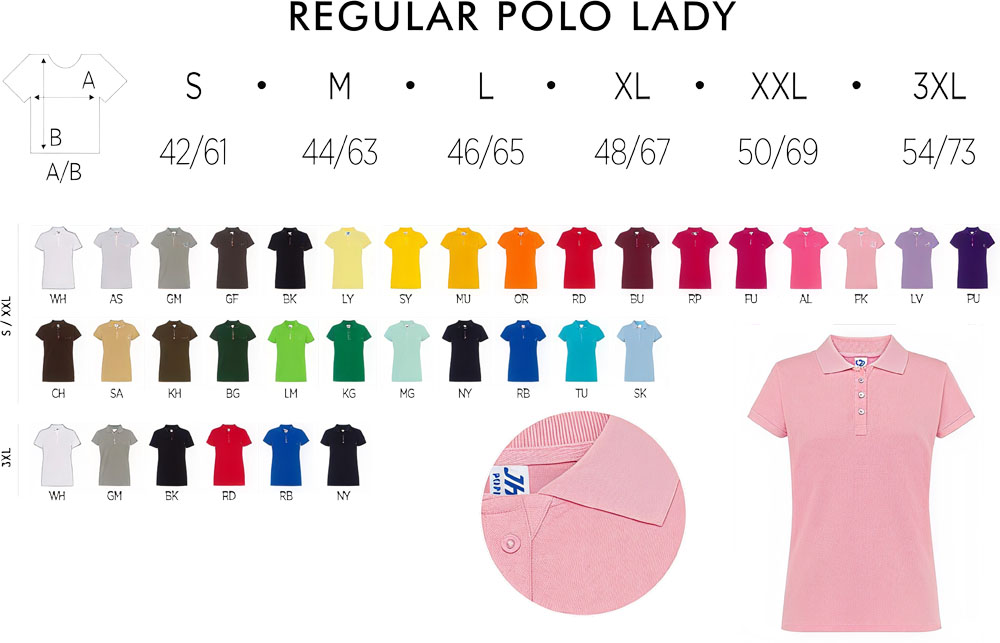 Цвета и размеры для печати на женском поло JNK в Днепре через fishka-dnepr.com